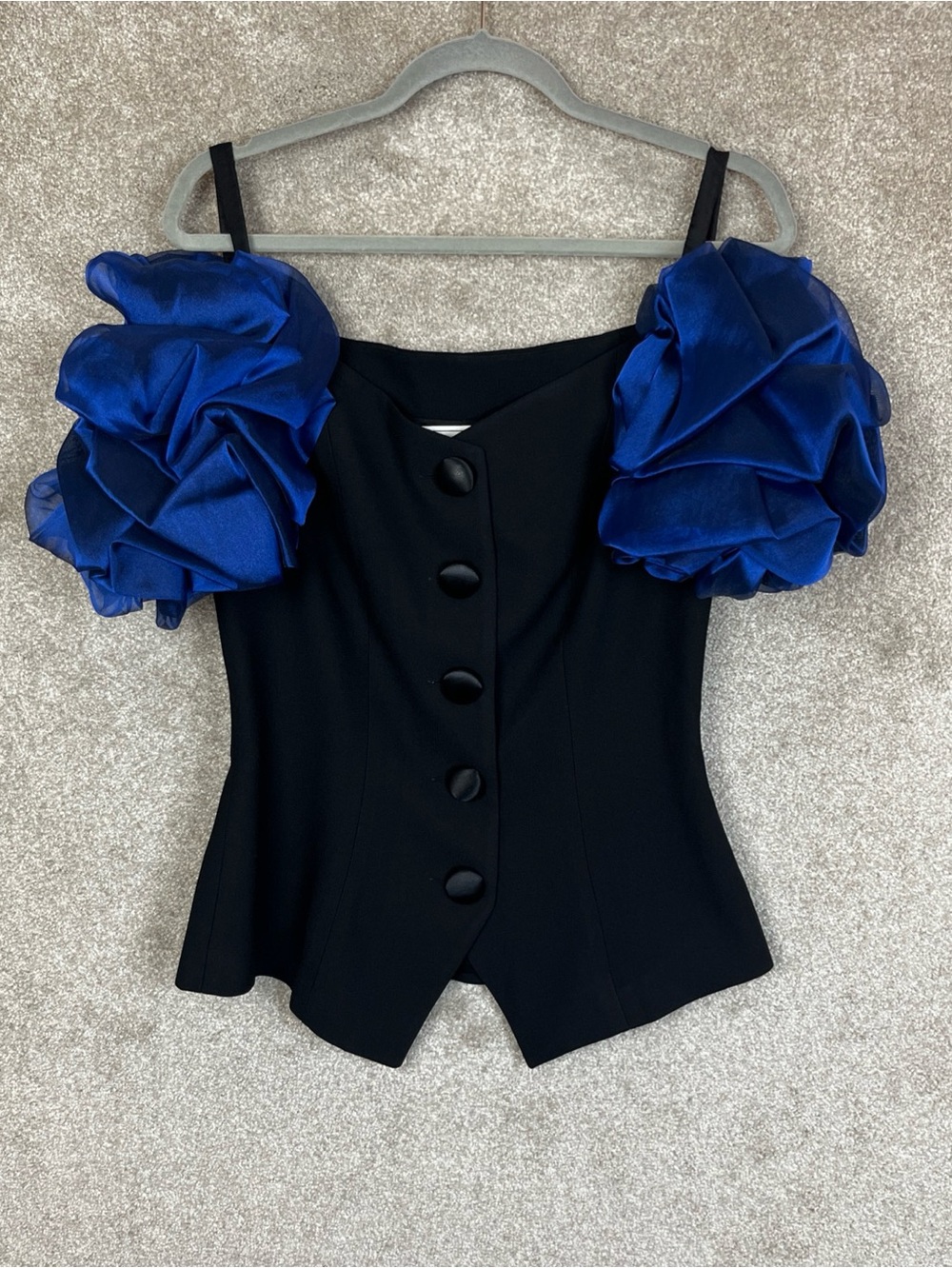 AJ Bari Vintage Top Womens 10 Black Blue Puff Sleeve Button Front Blouse- 5183